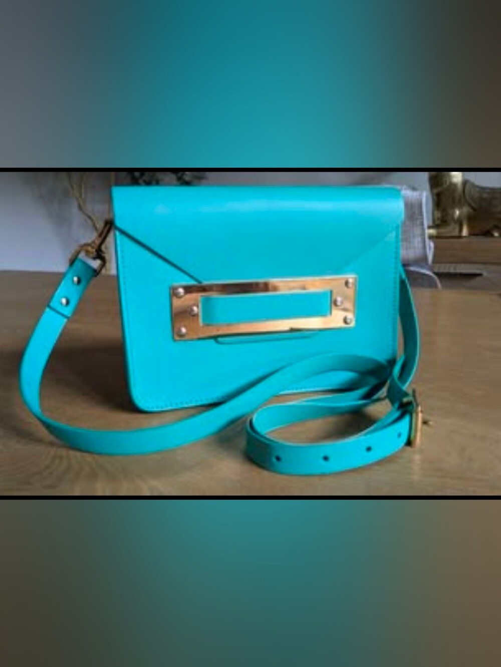 Teal blue Sophie Hulme leather envelope crossbody bag w/  gold-tone hardware
